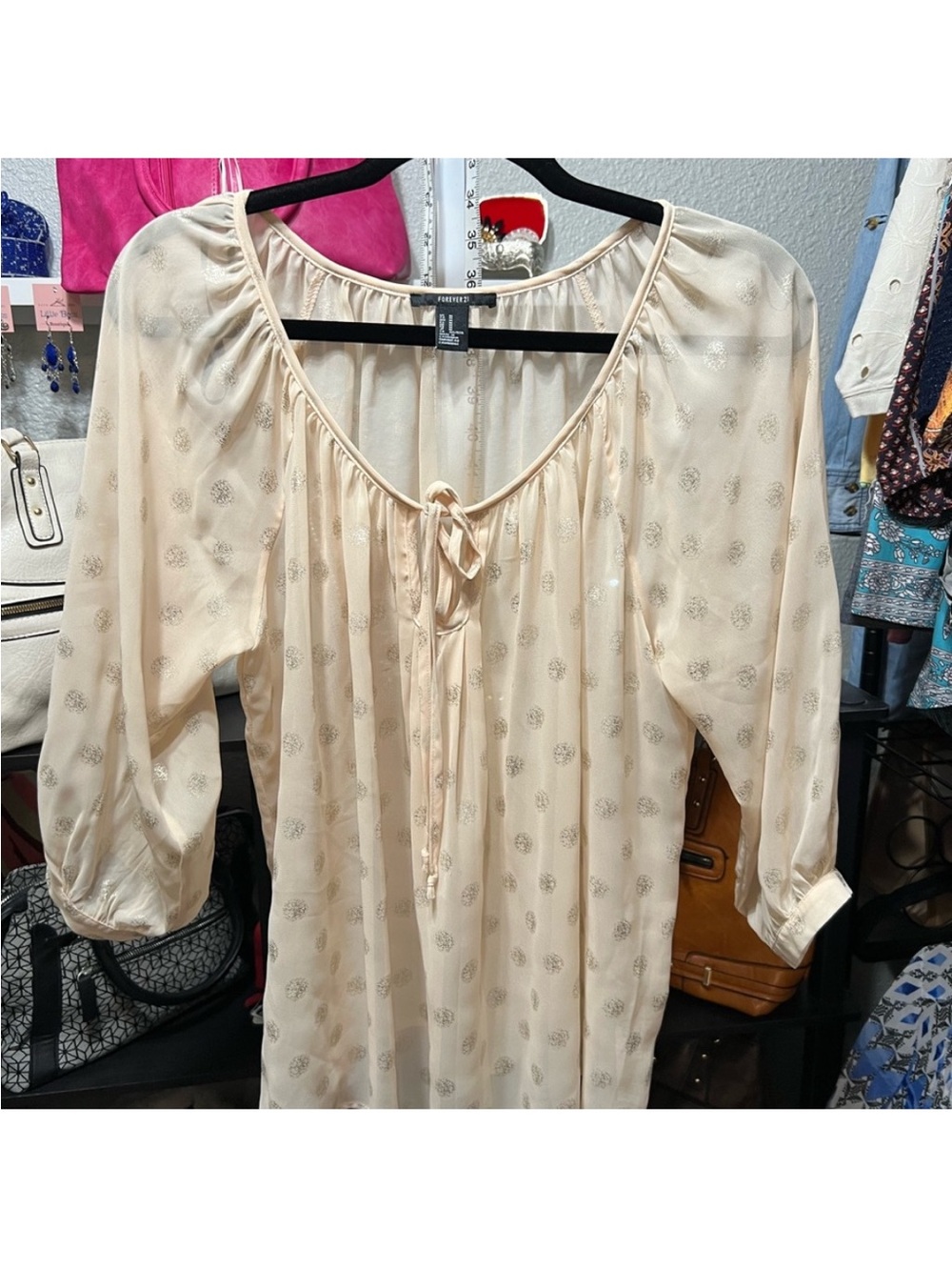 Forever 21 Cream Metallic Dot Tie-Front Peasant Blouse